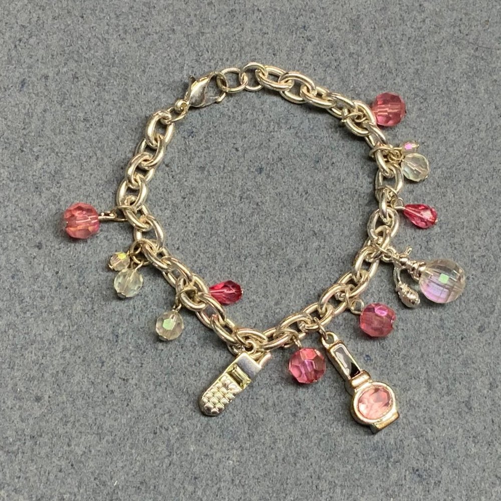 Charm Bracelet Barbie Pink Silver Cell Phone Nail Polish Perfume Atomizer Beauty